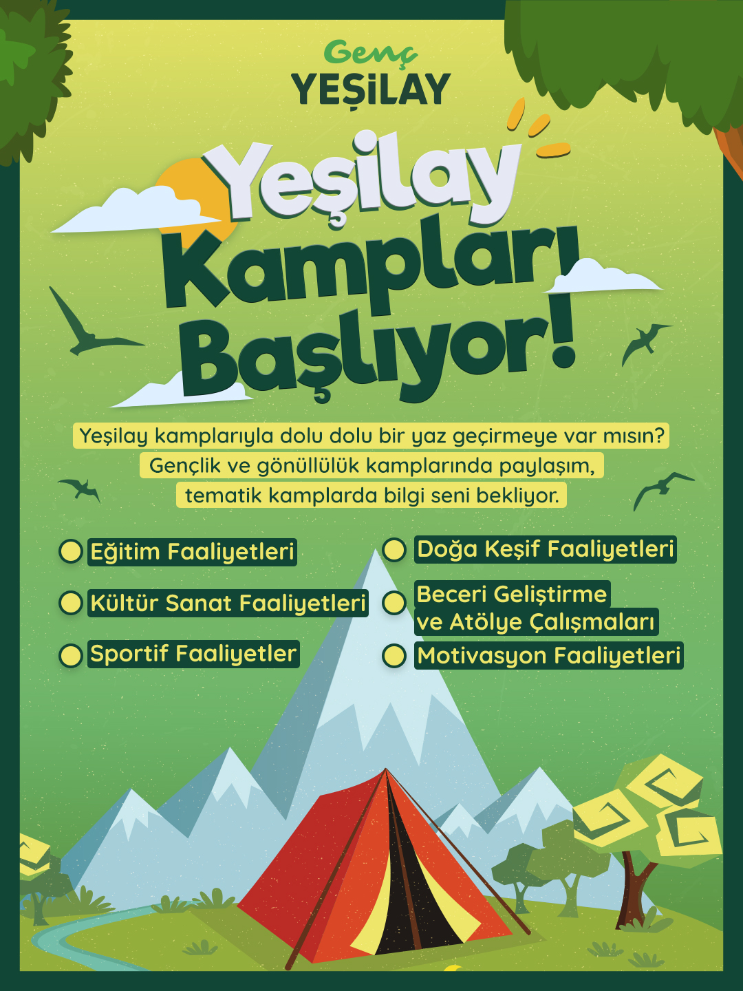 A colorful poster promoting Yeşilay camps, highlighting activities like education, arts, sports, and nature exploration.
